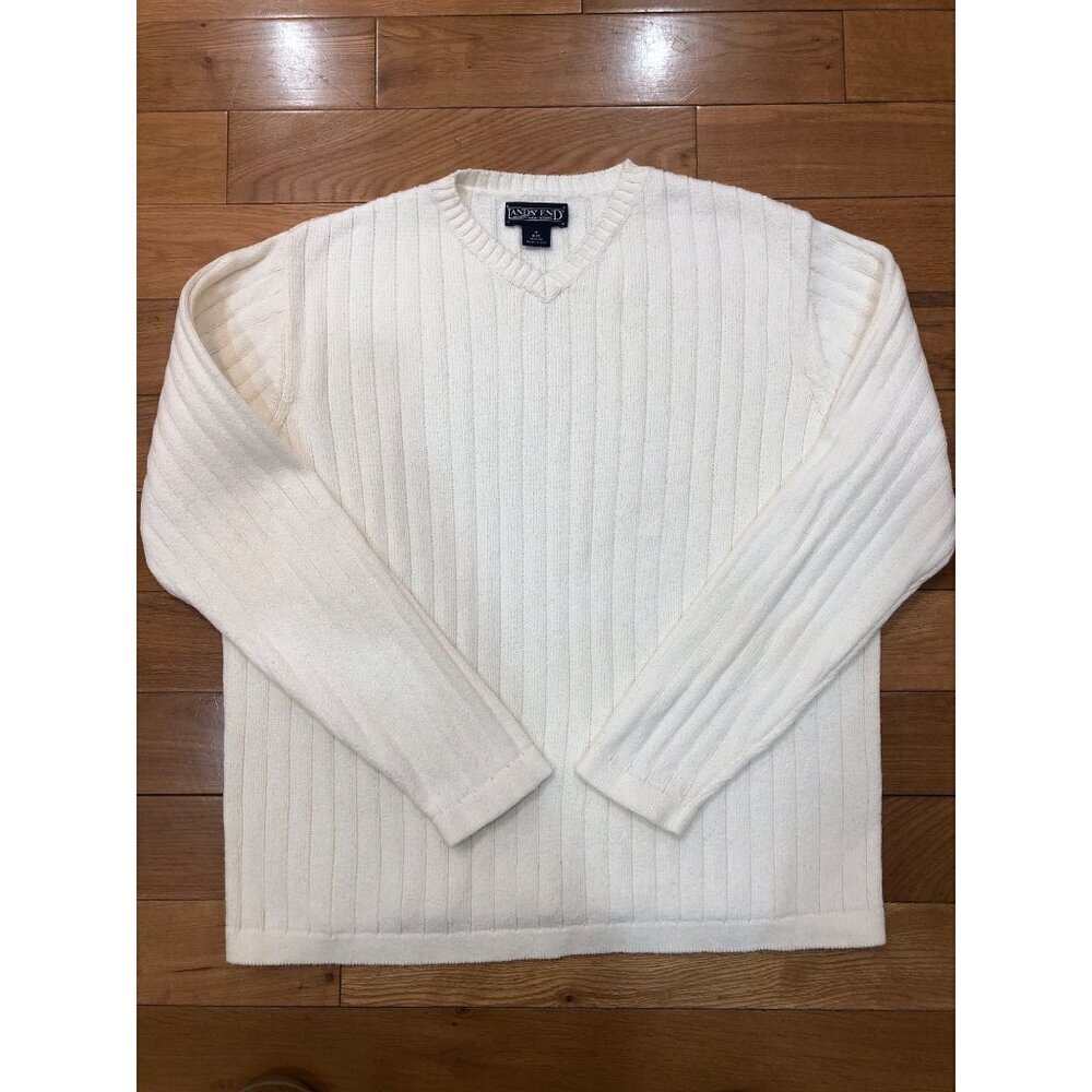 Lands End Vintage V-Neck Ribbed Knit Cream Sweater Size M (38-40R) - Picture 2 of 8